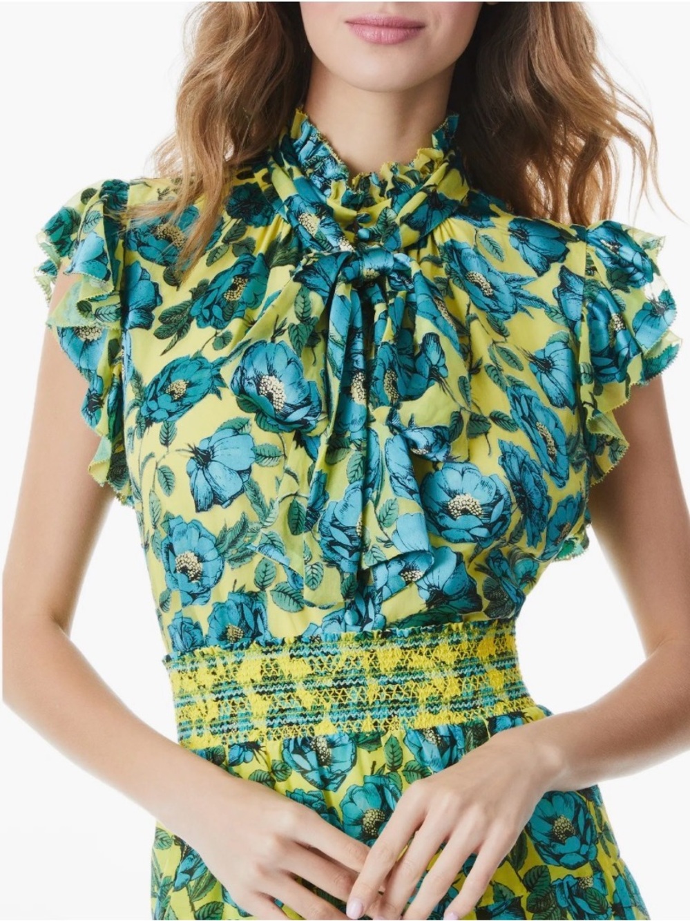 Alice + Olivia Jordana Floral Bow Neck Ruffle Sleeve Blouse | Small